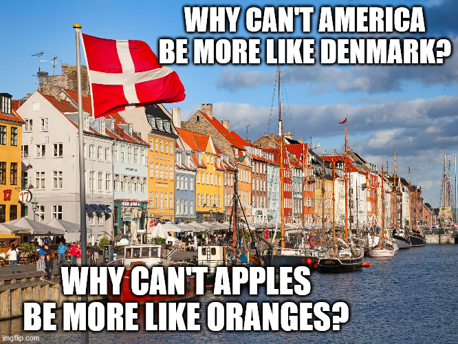 Denmark | WHY CAN'T AMERICA BE MORE LIKE DENMARK? WHY CAN'T APPLES BE MORE LIKE ORANGES? | image tagged in denmark | made w/ Imgflip meme maker