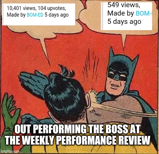 Outperforming the boss | OUT PERFORMING THE BOSS AT THE WEEKLY PERFORMANCE REVIEW | image tagged in memes,batman slapping robin | made w/ Imgflip meme maker