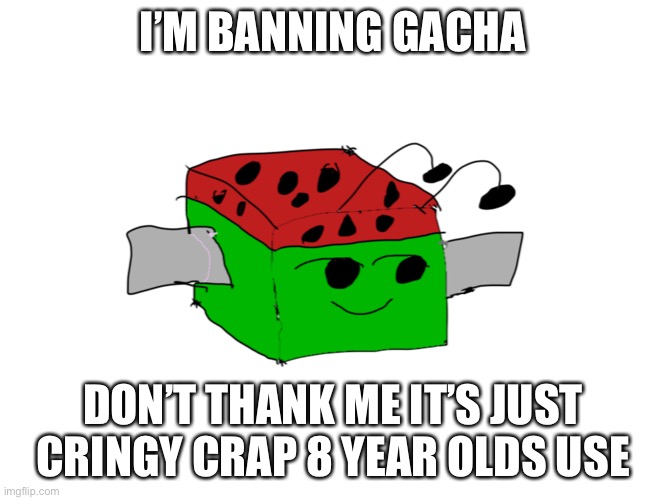 m | I’M BANNING GACHA; DON’T THANK ME IT’S JUST CRINGY CRAP 8 YEAR OLDS USE | image tagged in melon | made w/ Imgflip meme maker