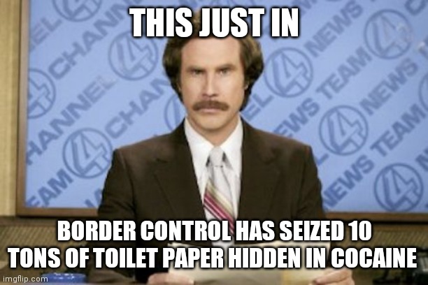 Ron Burgundy | THIS JUST IN; BORDER CONTROL HAS SEIZED 10 TONS OF TOILET PAPER HIDDEN IN COCAINE | image tagged in memes,ron burgundy | made w/ Imgflip meme maker