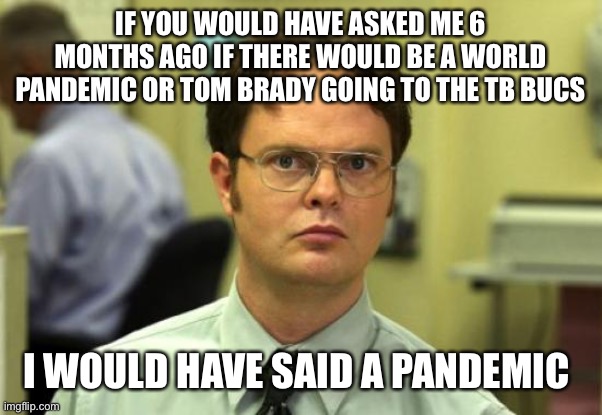 Dwight Schrute | IF YOU WOULD HAVE ASKED ME 6 MONTHS AGO IF THERE WOULD BE A WORLD PANDEMIC OR TOM BRADY GOING TO THE TB BUCS; I WOULD HAVE SAID A PANDEMIC | image tagged in memes,dwight schrute | made w/ Imgflip meme maker