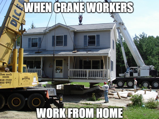  WHEN CRANE WORKERS; WORK FROM HOME | image tagged in fun | made w/ Imgflip meme maker
