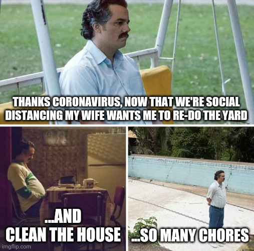 Sad Pablo Escobar | THANKS CORONAVIRUS, NOW THAT WE'RE SOCIAL DISTANCING MY WIFE WANTS ME TO RE-DO THE YARD; ...AND CLEAN THE HOUSE; ...SO MANY CHORES | image tagged in memes,sad pablo escobar | made w/ Imgflip meme maker