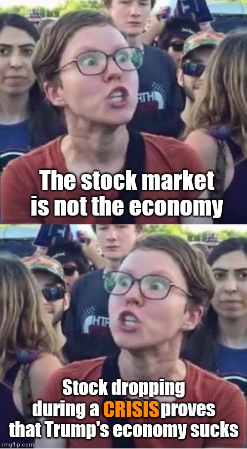 Angry Liberal Hypocrite | The stock market is not the economy; Stock dropping during a CRISIS proves that Trump's economy sucks; CRISIS | image tagged in angry liberal hypocrite | made w/ Imgflip meme maker