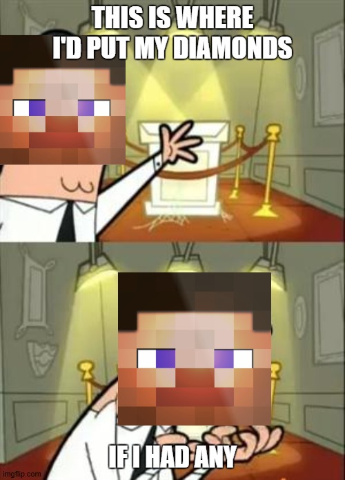when you're a noob at minecraft | THIS IS WHERE I'D PUT MY DIAMONDS; IF I HAD ANY | image tagged in memes,this is where i'd put my trophy if i had one,minecraft | made w/ Imgflip meme maker