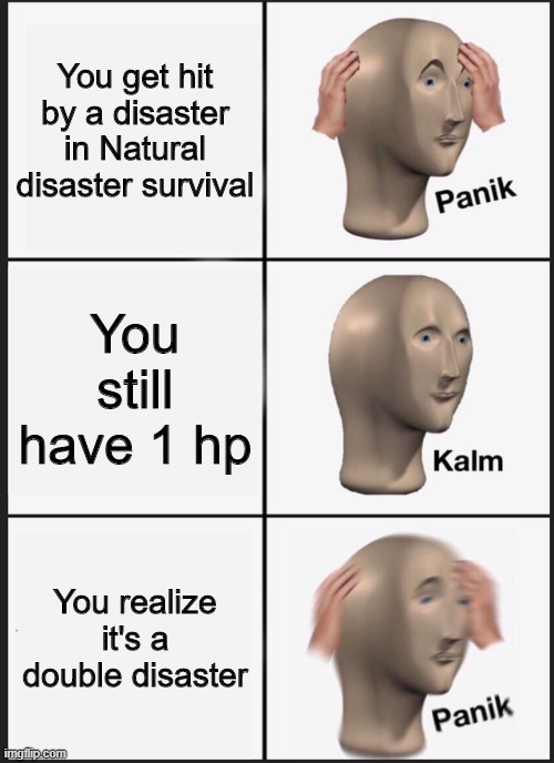 Roblox memes #9 | You get hit by a disaster in Natural disaster survival; You still have 1 hp; You realize it's a double disaster | image tagged in memes,panik kalm panik | made w/ Imgflip meme maker