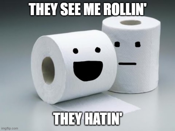 Tryin' to catch me hoardin' dirty | THEY SEE ME ROLLIN'; THEY HATIN' | image tagged in toilet paper,hoarding,coronavirus | made w/ Imgflip meme maker