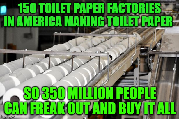 Factories making Toilet Paper | 150 TOILET PAPER FACTORIES IN AMERICA MAKING TOILET PAPER; SO 350 MILLION PEOPLE CAN FREAK OUT AND BUY IT ALL | image tagged in fun,dark humor,memes | made w/ Imgflip meme maker
