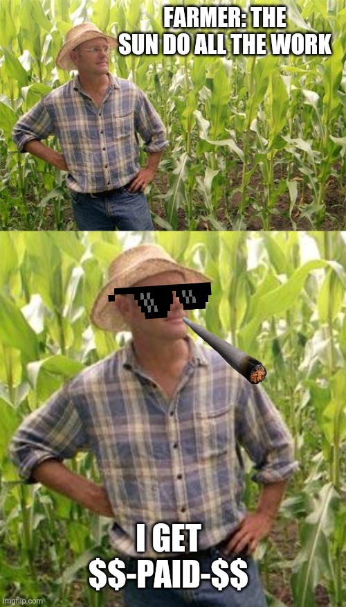  FARMER: THE SUN DO ALL THE WORK; I GET $$-PAID-$$ | image tagged in farmer john,farmer,money,pimp,hustle | made w/ Imgflip meme maker