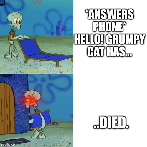 Squidward Lounge Chair Meme |  *ANSWERS PHONE* HELLO! GRUMPY CAT HAS... ..DIED. | image tagged in squidward lounge chair meme | made w/ Imgflip meme maker