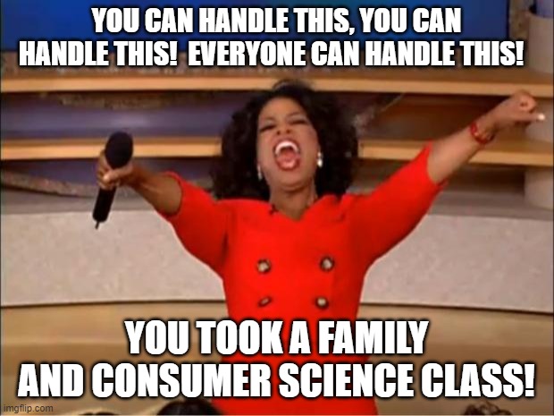 Oprah You Get A | YOU CAN HANDLE THIS, YOU CAN HANDLE THIS!  EVERYONE CAN HANDLE THIS! YOU TOOK A FAMILY AND CONSUMER SCIENCE CLASS! | image tagged in memes,oprah you get a | made w/ Imgflip meme maker