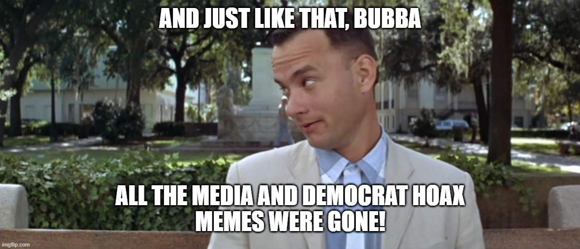 Forest Gump | AND JUST LIKE THAT, BUBBA; ALL THE MEDIA AND DEMOCRAT HOAX
MEMES WERE GONE! | image tagged in forest gump | made w/ Imgflip meme maker