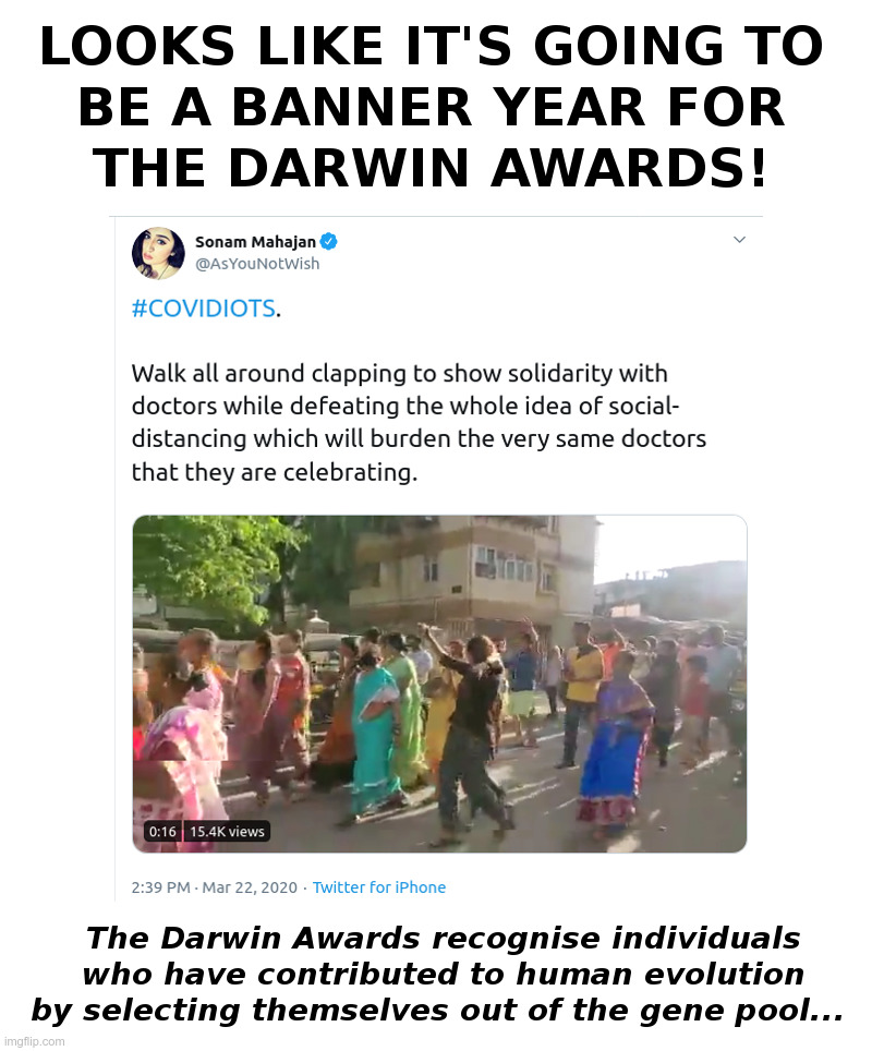 A Banner Year For The Darwin Awards! | image tagged in darwin award,twitter,india,coronavirus,march,covidiots | made w/ Imgflip meme maker