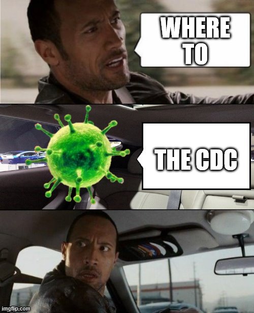 damn | WHERE TO; THE CDC | image tagged in the rock driving blank 2,cdc,covid 19,meme,funny memes | made w/ Imgflip meme maker