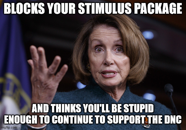 Good old Nancy Pelosi | BLOCKS YOUR STIMULUS PACKAGE; AND THINKS YOU'LL BE STUPID ENOUGH TO CONTINUE TO SUPPORT THE DNC | image tagged in good old nancy pelosi | made w/ Imgflip meme maker