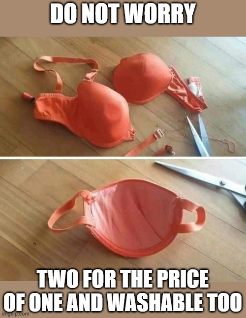 two for one | DO NOT WORRY; TWO FOR THE PRICE OF ONE AND WASHABLE TOO | image tagged in masks,covid 19,bra,reuseable,washable | made w/ Imgflip meme maker
