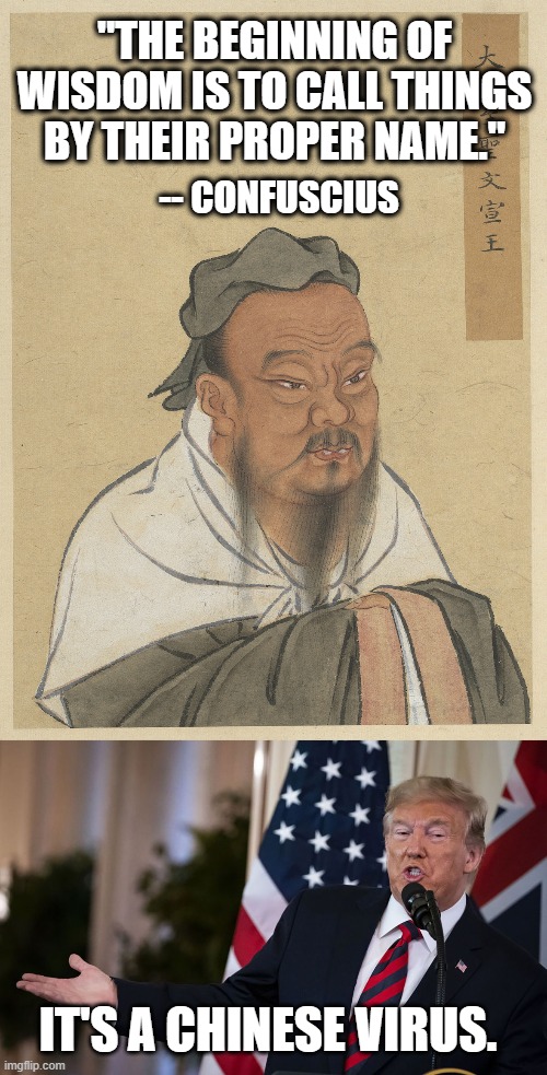 Confuscius and Trump | "THE BEGINNING OF WISDOM IS TO CALL THINGS BY THEIR PROPER NAME."; -- CONFUSCIUS; IT'S A CHINESE VIRUS. | image tagged in confuscius and trump | made w/ Imgflip meme maker