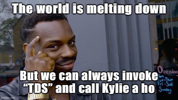 Outlook of many conservative folks on ImgFlip right now | The world is melting down; But we can always invoke “TDS” and call Kylie a ho | image tagged in memes,roll safe think about it,covid-19,coronavirus,trump derangement syndrome,stock crash | made w/ Imgflip meme maker