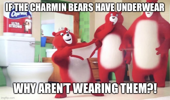 Charmin Bears | IF THE CHARMIN BEARS HAVE UNDERWEAR; WHY AREN’T WEARING THEM?! | image tagged in charmin bears | made w/ Imgflip meme maker