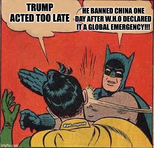 Batman Slapping Robin | HE BANNED CHINA ONE DAY AFTER W.H.O DECLARED IT A GLOBAL EMERGENCY!!! TRUMP ACTED TOO LATE; @get_rogered | image tagged in memes,batman slapping robin | made w/ Imgflip meme maker