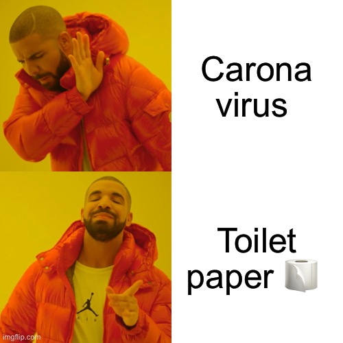 Drake Hotline Bling Meme | Carona virus; Toilet paper 🧻 | image tagged in memes,drake hotline bling | made w/ Imgflip meme maker