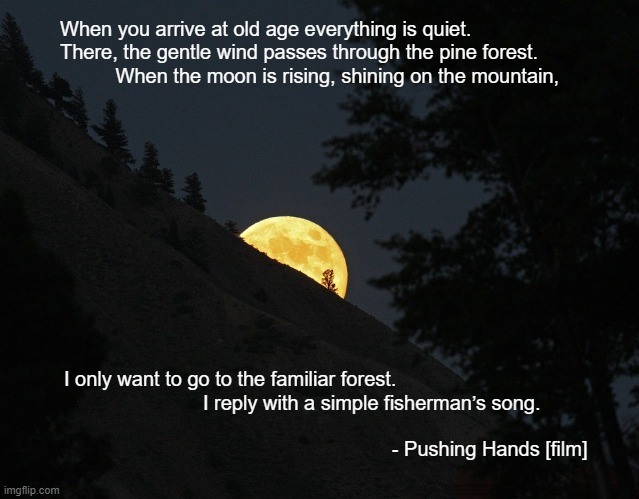 Mtn Moon Rise | When you arrive at old age everything is quiet.
There, the gentle wind passes through the pine forest.
          When the moon is rising, shining on the mountain, I only want to go to the familiar forest.

                         I reply with a simple fisherman’s song.

                                                             
                                                           - Pushing Hands [film] | image tagged in mtn moon rise | made w/ Imgflip meme maker