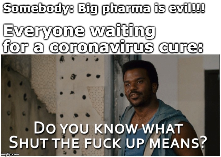 Cornonavirus Cure | Somebody: Big pharma is evil!!! Everyone waiting for a coronavirus cure: | image tagged in shut up,coronavirus,covid-19,pineapple express,corona | made w/ Imgflip meme maker