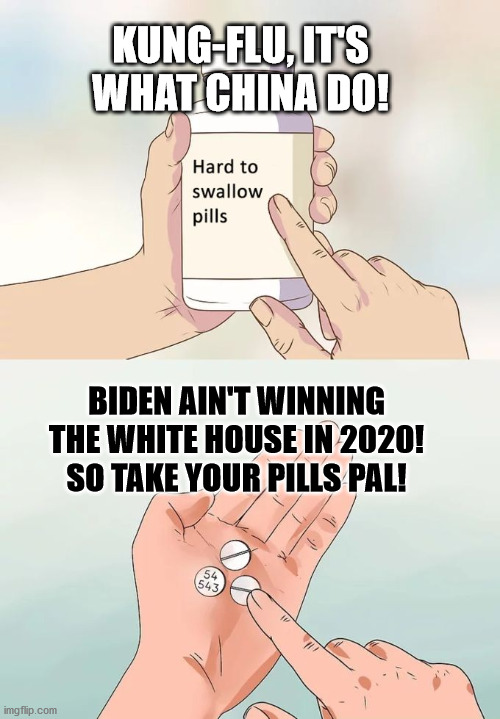 Hard To Swallow Pills Meme | KUNG-FLU, IT'S WHAT CHINA DO! BIDEN AIN'T WINNING THE WHITE HOUSE IN 2020!  SO TAKE YOUR PILLS PAL! | image tagged in memes,hard to swallow pills | made w/ Imgflip meme maker