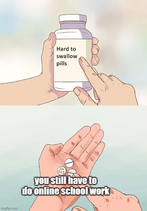 Hard To Swallow Pills | you still have to do online school work | image tagged in memes,hard to swallow pills | made w/ Imgflip meme maker