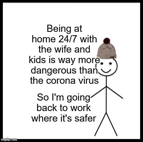 Be Like Bill Meme | Being at home 24/7 with the wife and kids is way more dangerous than the corona virus; So I'm going back to work where it's safer | image tagged in memes,be like bill | made w/ Imgflip meme maker