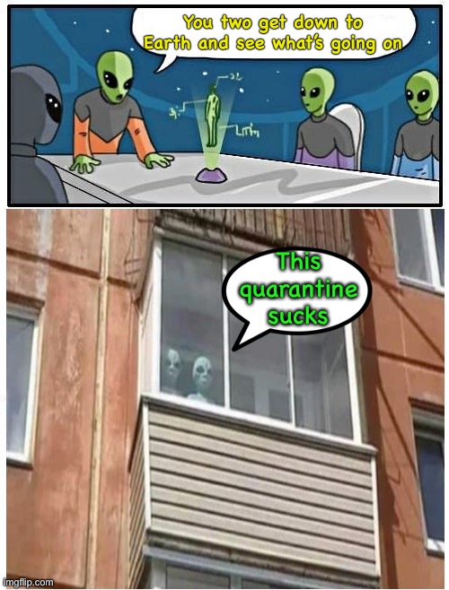 I’d rather get tossed from the mothership. | You two get down to Earth and see what’s going on; This quarantine sucks | image tagged in alien meeting suggestion,quarantine,memes,funny | made w/ Imgflip meme maker