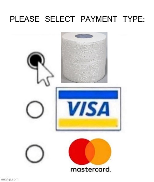 Please select payment type: | image tagged in please select payment type | made w/ Imgflip meme maker