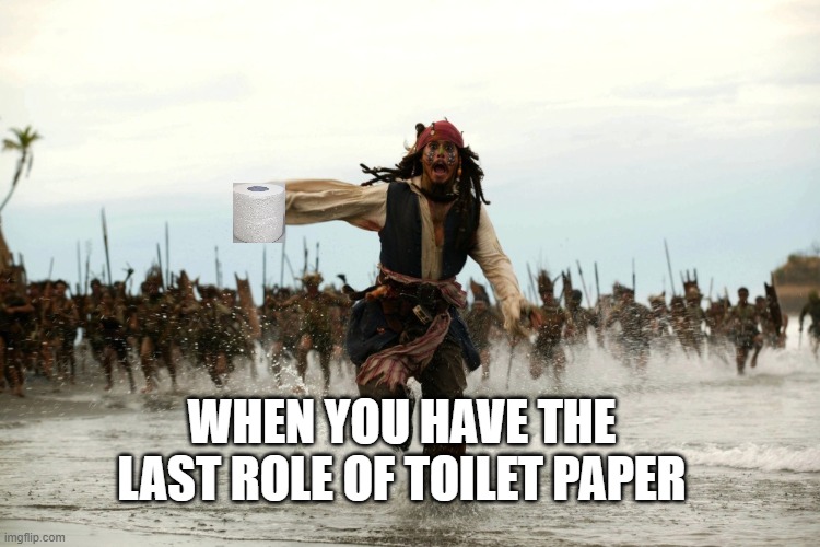 captain jack sparrow running | WHEN YOU HAVE THE LAST ROLE OF TOILET PAPER | image tagged in captain jack sparrow running | made w/ Imgflip meme maker