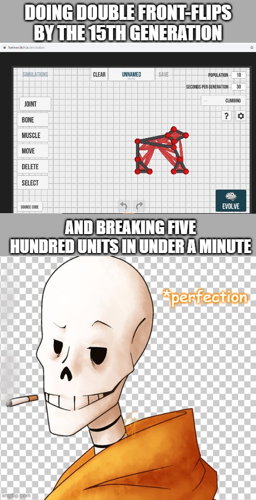I made this on my own ideas. | DOING DOUBLE FRONT-FLIPS BY THE 15TH GENERATION; AND BREAKING FIVE HUNDRED UNITS IN UNDER A MINUTE; *perfection | image tagged in perfect,evolution,undertale,papyrus,animals,memes | made w/ Imgflip meme maker