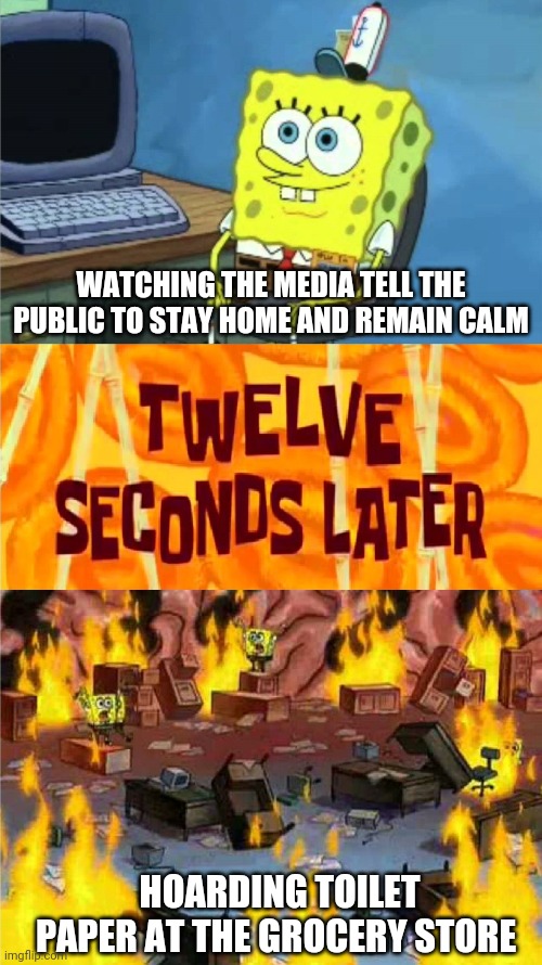 spongebob office rage | WATCHING THE MEDIA TELL THE PUBLIC TO STAY HOME AND REMAIN CALM; HOARDING TOILET PAPER AT THE GROCERY STORE | image tagged in spongebob office rage | made w/ Imgflip meme maker