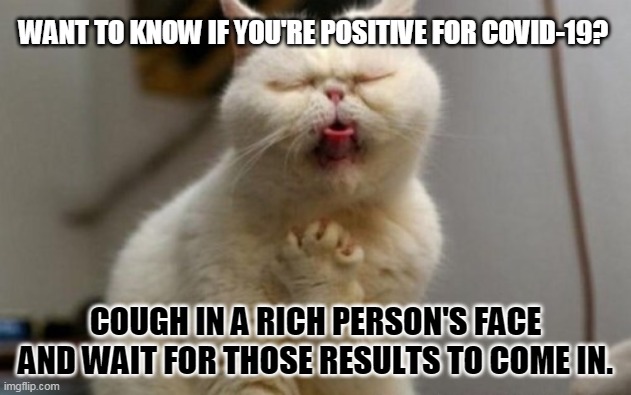 Coughing car | WANT TO KNOW IF YOU'RE POSITIVE FOR COVID-19? COUGH IN A RICH PERSON'S FACE AND WAIT FOR THOSE RESULTS TO COME IN. | image tagged in coughing car | made w/ Imgflip meme maker