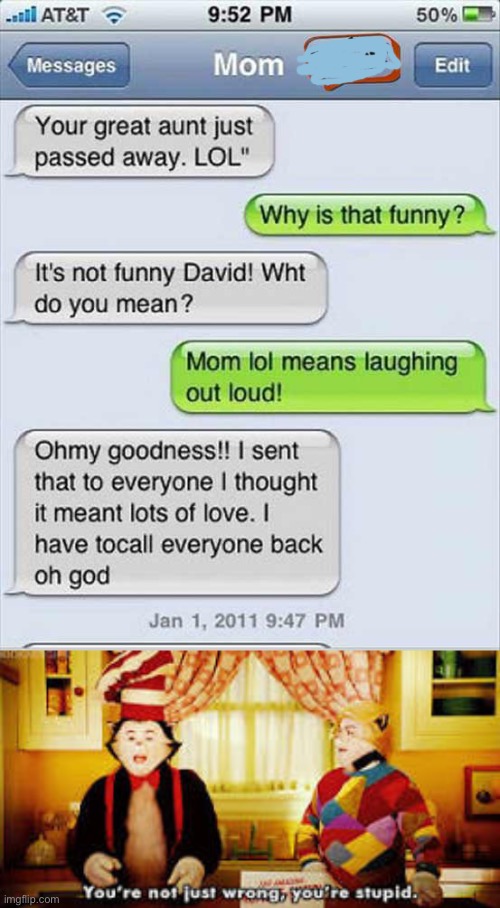Laughing out loud not lots of love | image tagged in your not just wrong your stupid,lol,meme,cat in the hat,texting,died | made w/ Imgflip meme maker