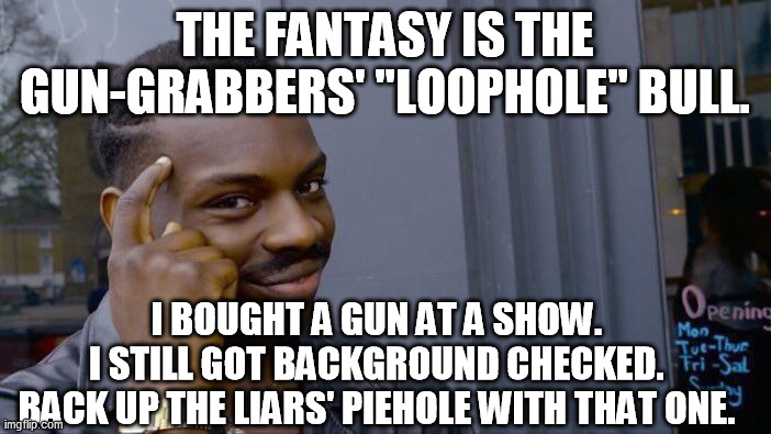 Roll Safe Think About It Meme | THE FANTASY IS THE GUN-GRABBERS' "LOOPHOLE" BULL. I BOUGHT A GUN AT A SHOW.  
I STILL GOT BACKGROUND CHECKED.  
BACK UP THE LIARS' PIEHOLE W | image tagged in memes,roll safe think about it | made w/ Imgflip meme maker