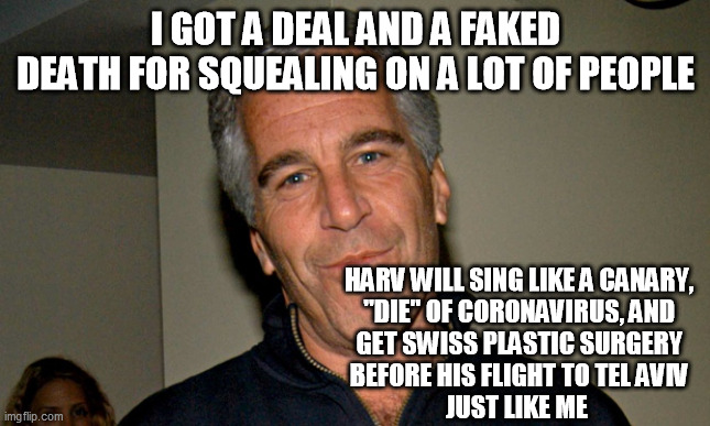 Jeffrey Epstein | I GOT A DEAL AND A FAKED DEATH FOR SQUEALING ON A LOT OF PEOPLE HARV WILL SING LIKE A CANARY, 
"DIE" OF CORONAVIRUS, AND 
GET SWISS PLASTIC  | image tagged in jeffrey epstein | made w/ Imgflip meme maker