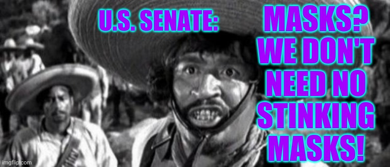 They're feeling pretty bold lately for some reason. | MASKS?
WE DON'T
NEED NO
STINKING
MASKS! U.S. SENATE: | image tagged in stinking badges,memes,senate | made w/ Imgflip meme maker