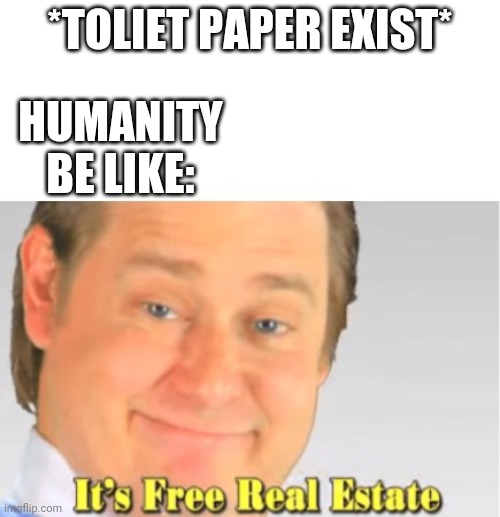 Toliet Paper Hoarding In A Nutshell | *TOLIET PAPER EXIST*; HUMANITY BE LIKE: | image tagged in it's free real estate | made w/ Imgflip meme maker