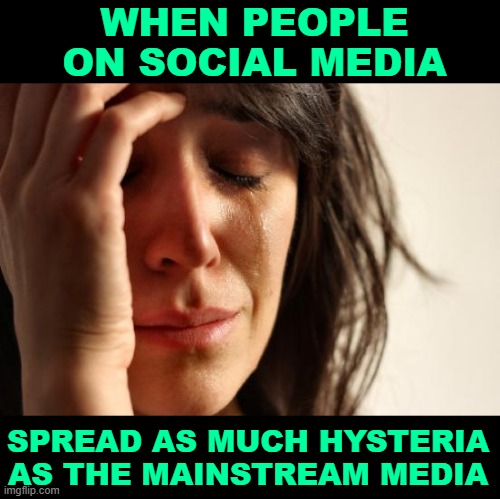 Social Media Problems | WHEN PEOPLE ON SOCIAL MEDIA; SPREAD AS MUCH HYSTERIA AS THE MAINSTREAM MEDIA | image tagged in memes,first world problems,pandemic,panic,hysteria,mainstream media | made w/ Imgflip meme maker