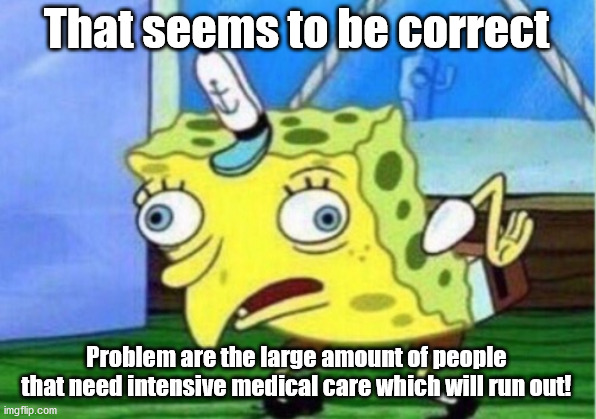 Mocking Spongebob Meme | That seems to be correct Problem are the large amount of people that need intensive medical care which will run out! | image tagged in memes,mocking spongebob | made w/ Imgflip meme maker