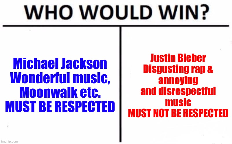 MICHAEL JACKSON IS THE BEST! | Michael Jackson

Wonderful music, Moonwalk etc.
MUST BE RESPECTED; Justin Bieber
Disgusting rap &
annoying and disrespectful music
MUST NOT BE RESPECTED | image tagged in memes,who would win,michael jackson,justin bieber | made w/ Imgflip meme maker