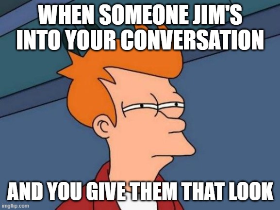 Futurama Fry | WHEN SOMEONE JIM'S INTO YOUR CONVERSATION; AND YOU GIVE THEM THAT LOOK | image tagged in memes,futurama fry | made w/ Imgflip meme maker