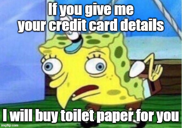 Mocking Spongebob | If you give me your credit card details; I will buy toilet paper for you | image tagged in memes,mocking spongebob | made w/ Imgflip meme maker