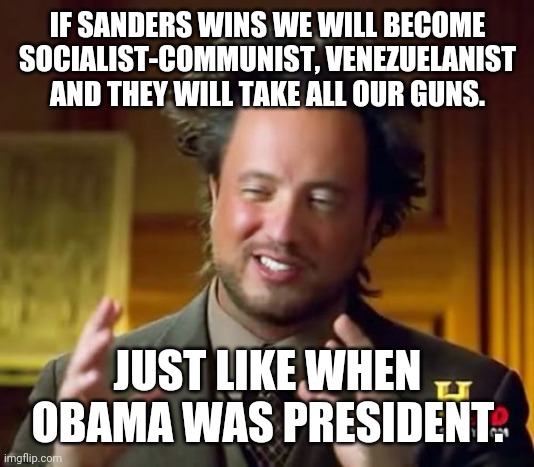 If Bernie wins | IF SANDERS WINS WE WILL BECOME SOCIALIST-COMMUNIST, VENEZUELANIST AND THEY WILL TAKE ALL OUR GUNS. JUST LIKE WHEN OBAMA WAS PRESIDENT. | image tagged in memes,bernie sanders,donald trump,trump supporters,liberals,conservatives | made w/ Imgflip meme maker