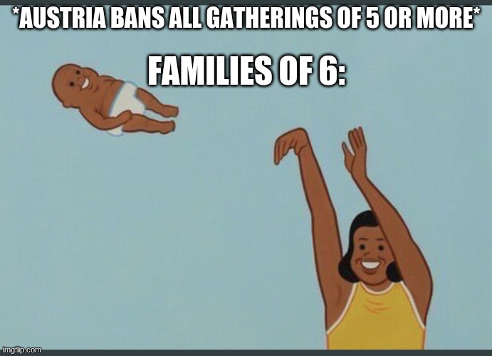 baby yeet | *AUSTRIA BANS ALL GATHERINGS OF 5 OR MORE*; FAMILIES OF 6: | image tagged in baby yeet | made w/ Imgflip meme maker
