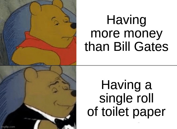 Tuxedo Winnie The Pooh | Having more money than Bill Gates; Having a single roll of toilet paper | image tagged in memes,tuxedo winnie the pooh | made w/ Imgflip meme maker