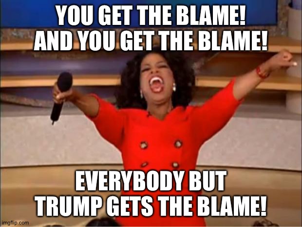 Oprah You Get A Meme | YOU GET THE BLAME! AND YOU GET THE BLAME! EVERYBODY BUT TRUMP GETS THE BLAME! | image tagged in memes,oprah you get a | made w/ Imgflip meme maker